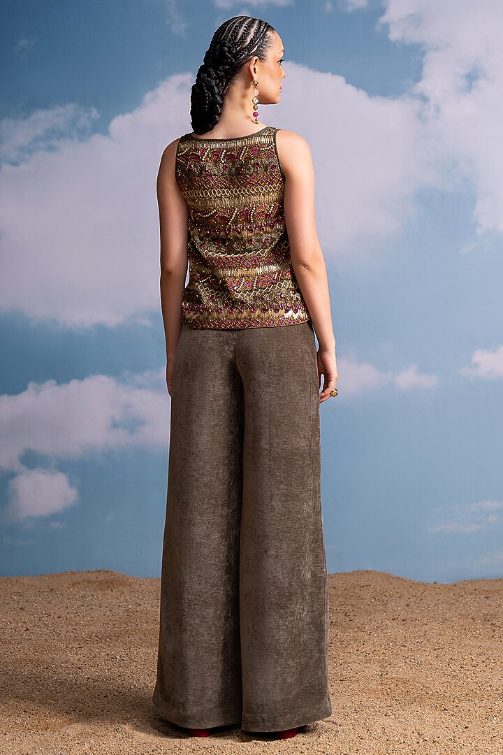 Olive Green Tulle Hand Embroidered Top by Nikita Mhaisalkar at Pernia's Pop Up Shop