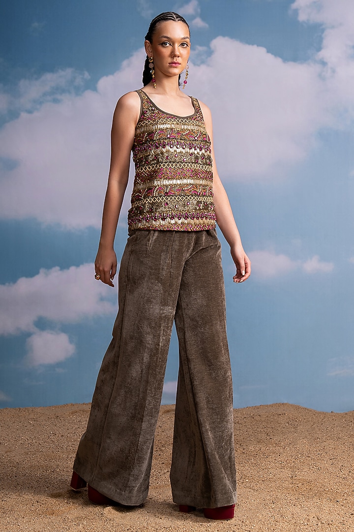 Olive Green Tulle Hand Embroidered Top by Nikita Mhaisalkar at Pernia's Pop Up Shop