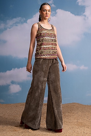 Olive Green Corduroy Wide-Legged Pants by Nikita Mhaisalkar