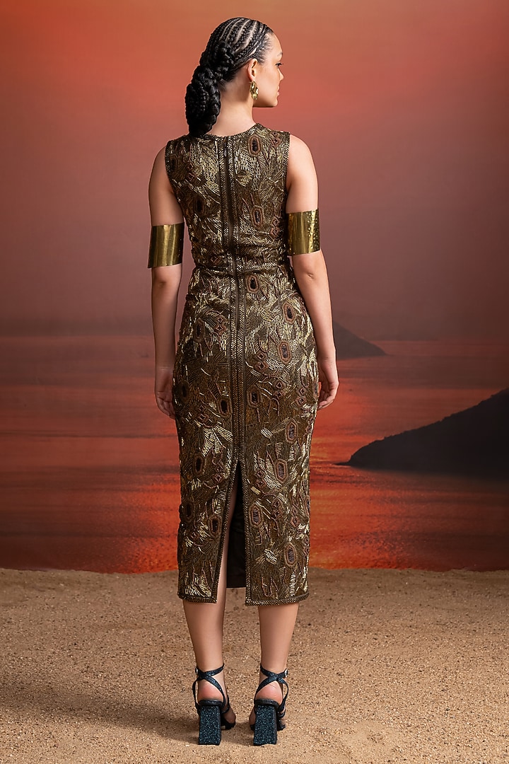 Olive Green Hemp Denim Baroque Embellished Sheath Midi Party Wear Dress by Nikita Mhaisalkar at Pernia's Pop Up Shop