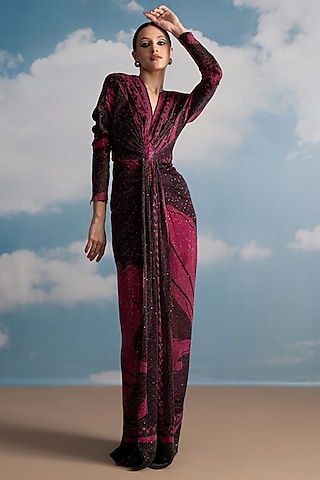 Fuchsia Viscose Georgette Printed Draped Maxi Dress by Nikita Mhaisalkar