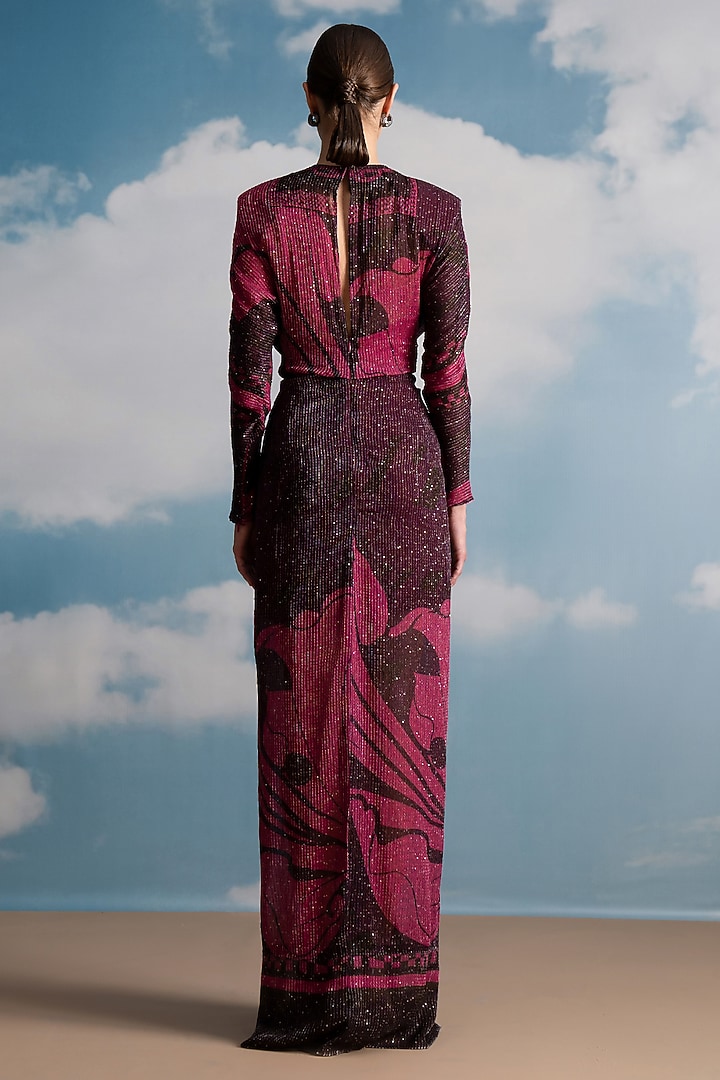 Fuchsia Viscose Georgette Printed Draped Maxi Party Wear Dress by Nikita Mhaisalkar at Pernia's Pop Up Shop