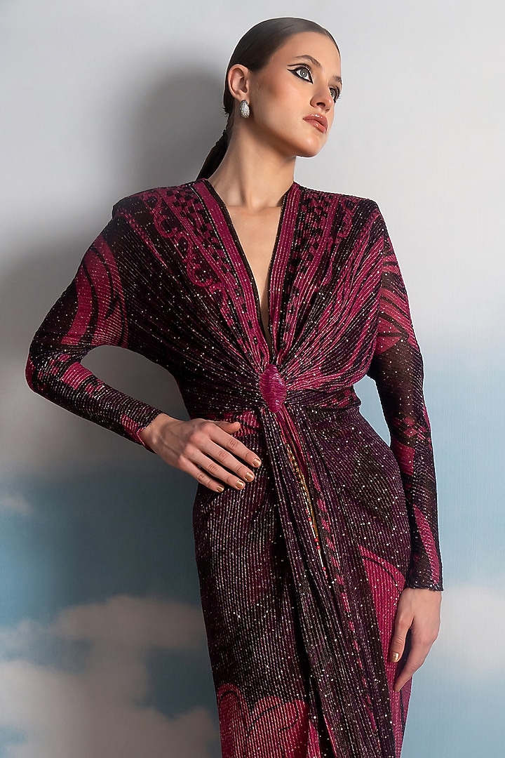 Fuchsia Viscose Georgette Printed Draped Maxi Party Wear Dress by Nikita Mhaisalkar at Pernia's Pop Up Shop