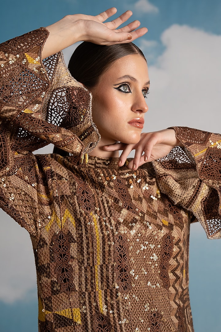 Brown Pure Georgette Embroidered Mini Party Wear Dress by Nikita Mhaisalkar at Pernia's Pop Up Shop