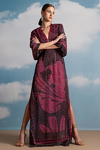 Fuchsia Pure Georgette Swirl Printed Kaftan by Nikita Mhaisalkar