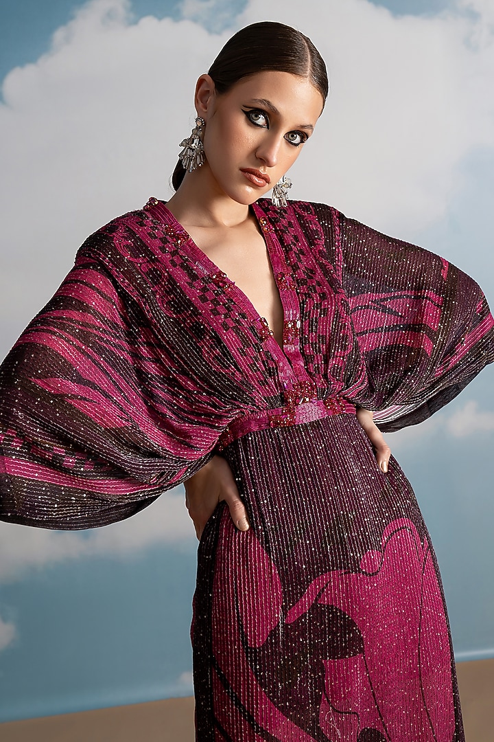 Fuchsia Pure Georgette Swirl Printed Kaftan by Nikita Mhaisalkar at Pernia's Pop Up Shop