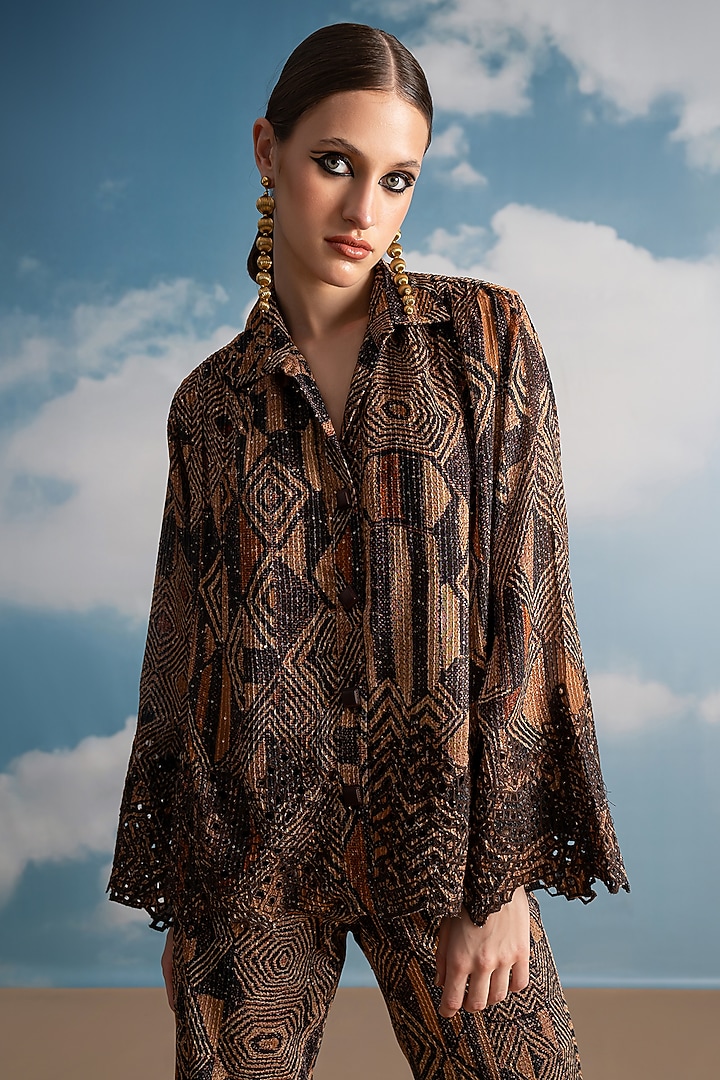 Brown Pure Georgette Geometric Printed Co-Ord Set by Nikita Mhaisalkar at Pernia's Pop Up Shop