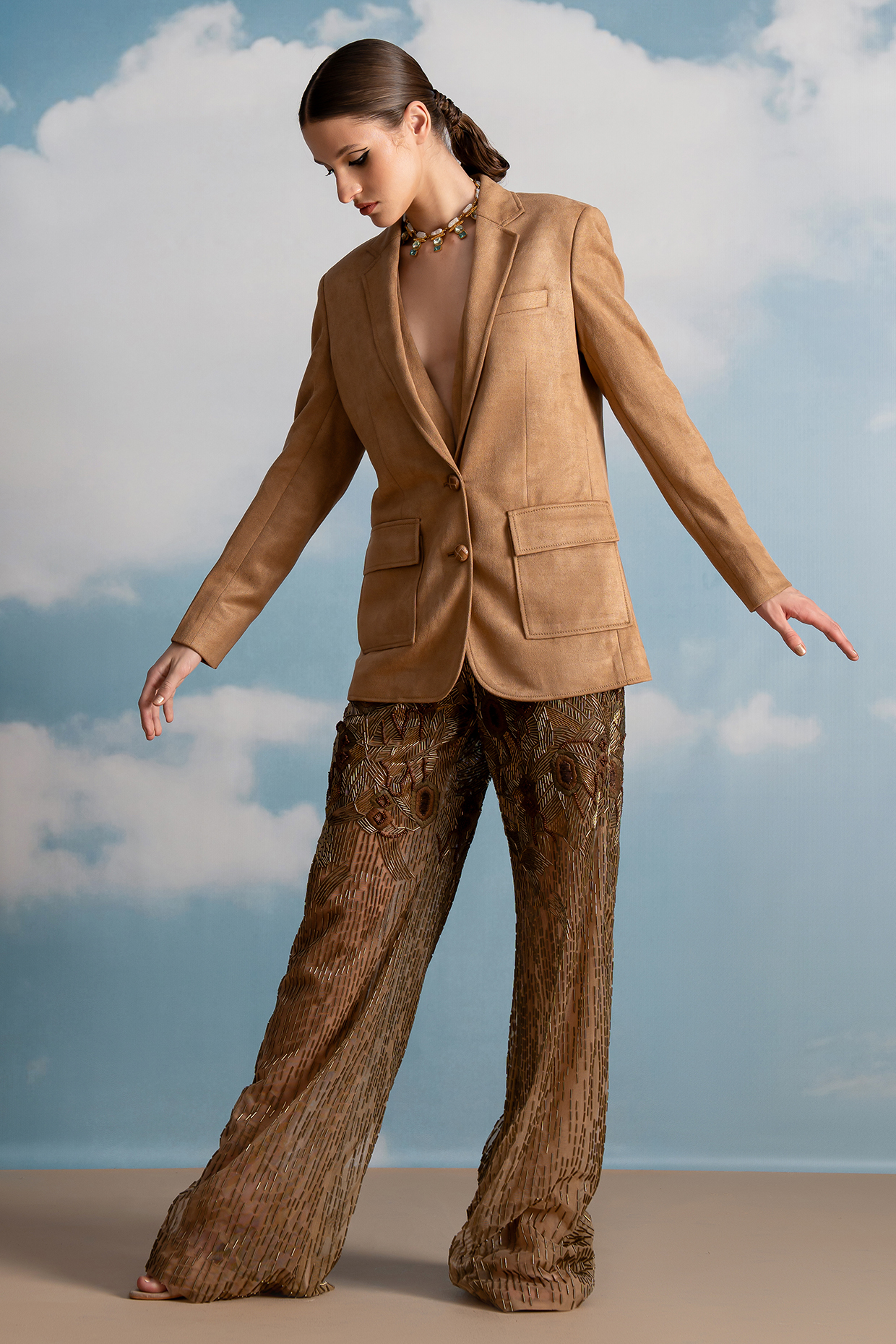 Brown Tulle Baroque Embroidered Pants by Nikita Mhaisalkar at Pernia's Pop Up Shop
