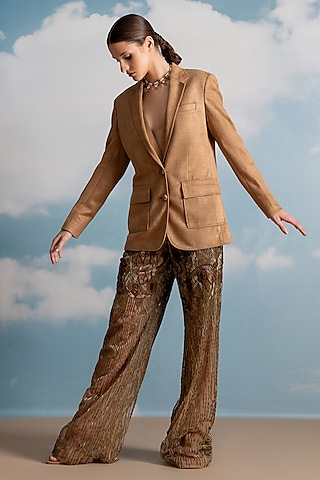 Brown Tulle Baroque Embroidered Pants by Nikita Mhaisalkar