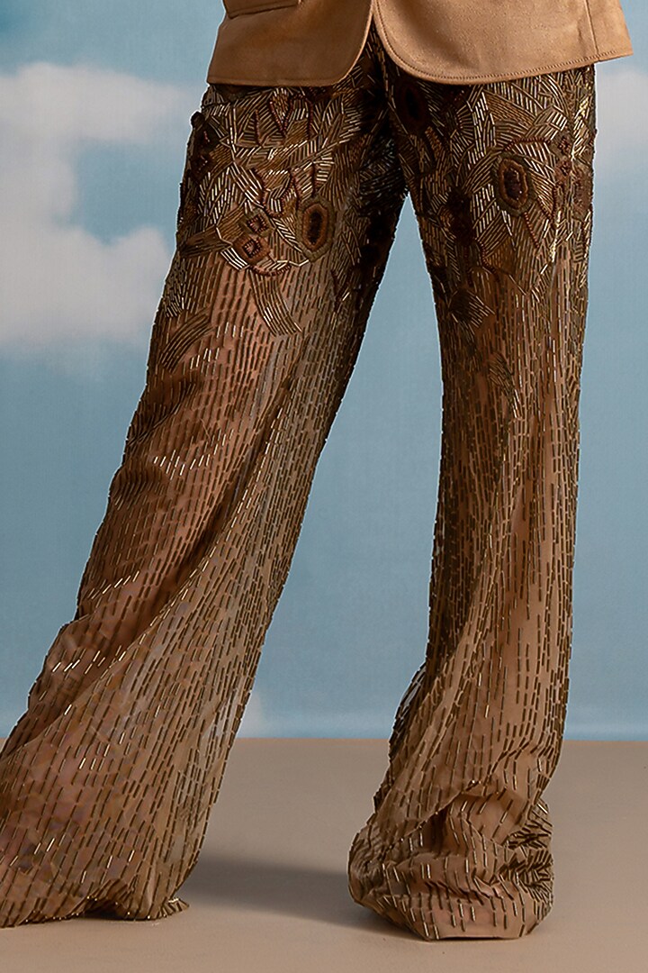 Brown Tulle Baroque Embroidered Pants by Nikita Mhaisalkar at Pernia's Pop Up Shop