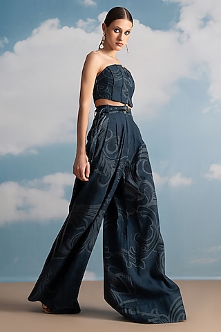 Indigo Blue Hemp Denim Printed Corset Top by Nikita Mhaisalkar