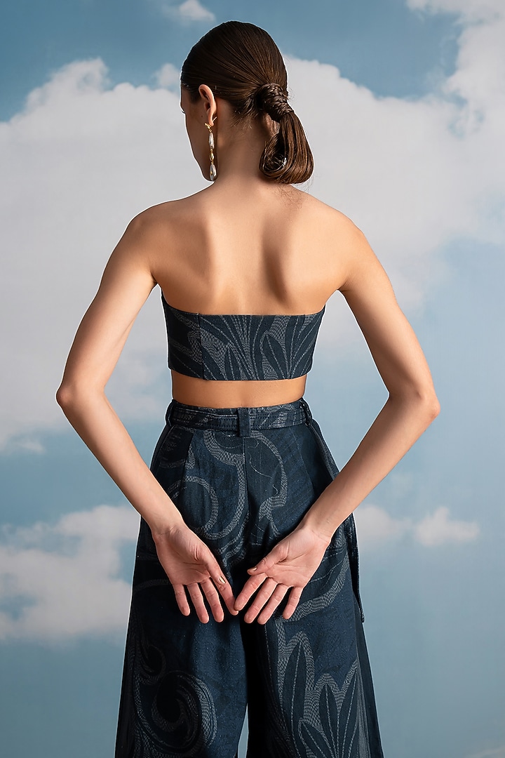 Indigo Blue Hemp Denim Printed Corset Top by Nikita Mhaisalkar at Pernia's Pop Up Shop