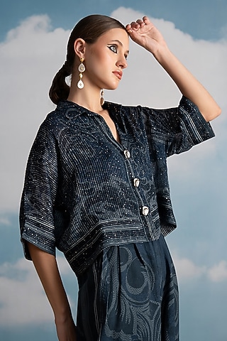 Indigo Blue Pure Georgette Swirl Printed Crop Shirt by Nikita Mhaisalkar