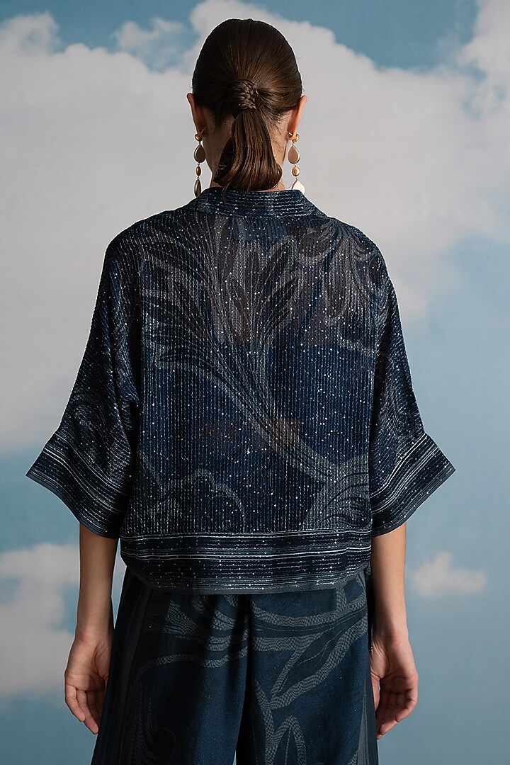 Indigo Blue Pure Georgette Swirl Printed Crop Shirt by Nikita Mhaisalkar at Pernia's Pop Up Shop