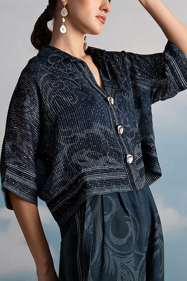 Indigo Blue Pure Georgette Swirl Printed Crop Shirt by Nikita Mhaisalkar at Pernia's Pop Up Shop