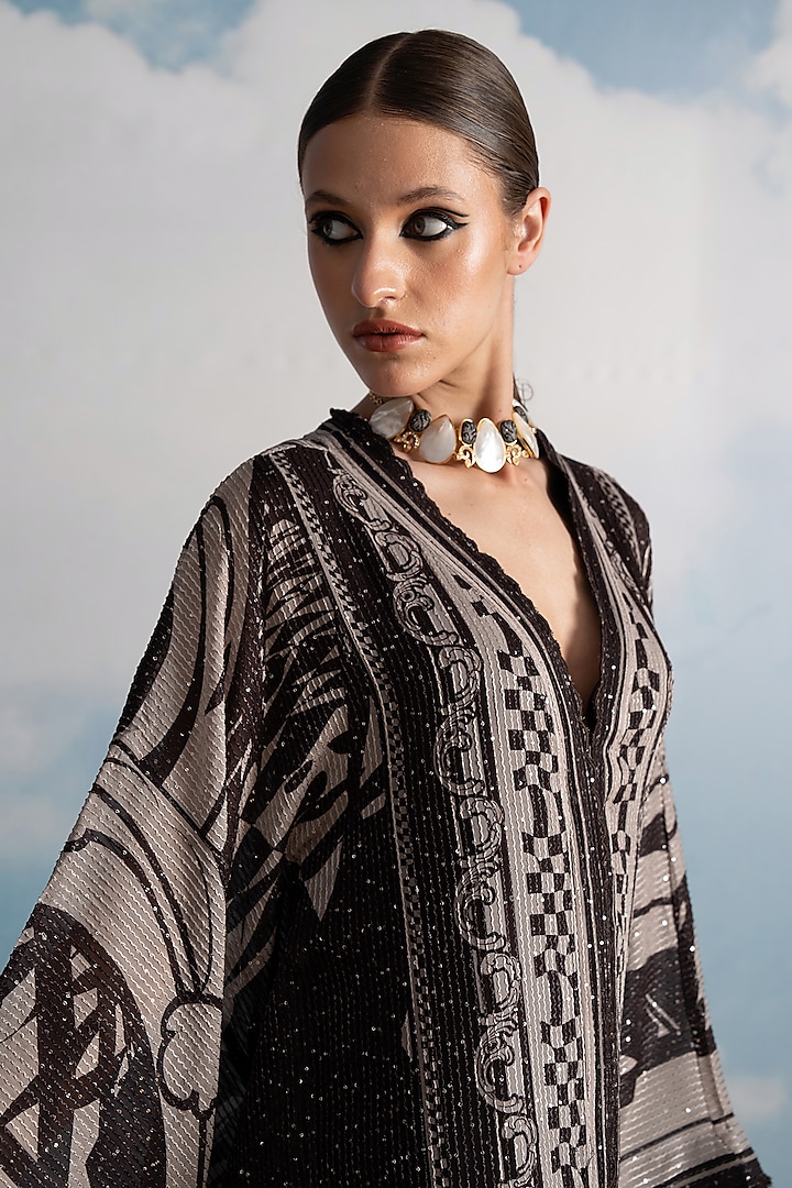 Chocolate Brown Pure Georgette Swirl Printed Kaftan by Nikita Mhaisalkar at Pernia's Pop Up Shop