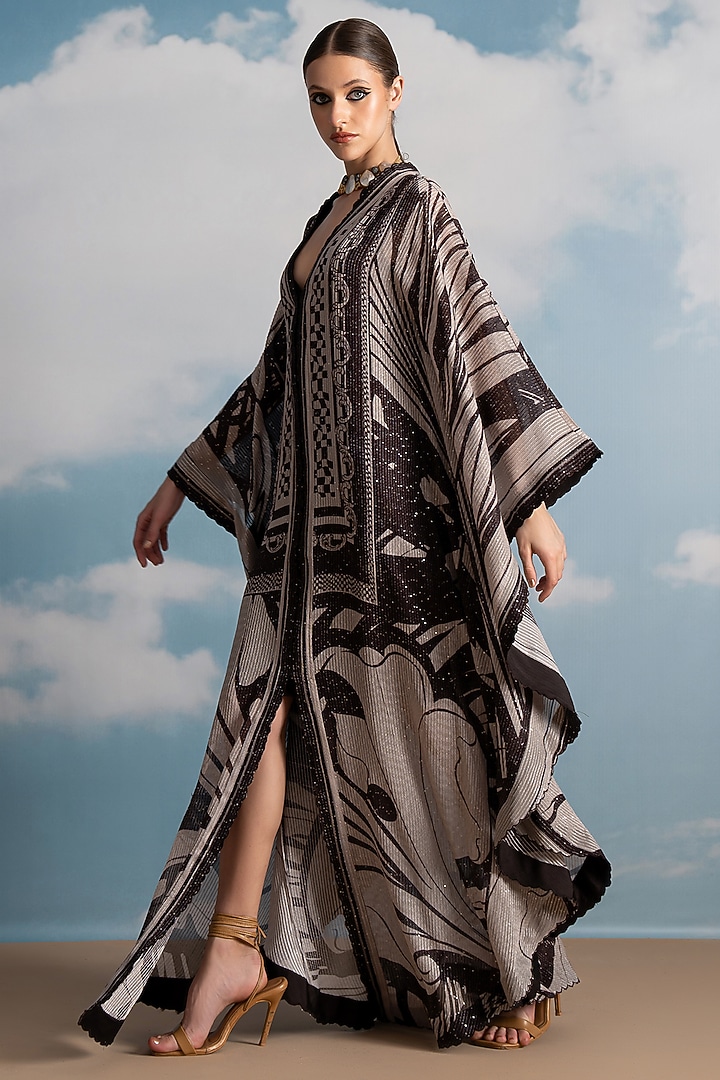 Chocolate Brown Pure Georgette Swirl Printed Kaftan by Nikita Mhaisalkar at Pernia's Pop Up Shop