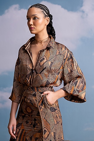 Brown Silk Satin Geometric Printed Shirt by Nikita Mhaisalkar