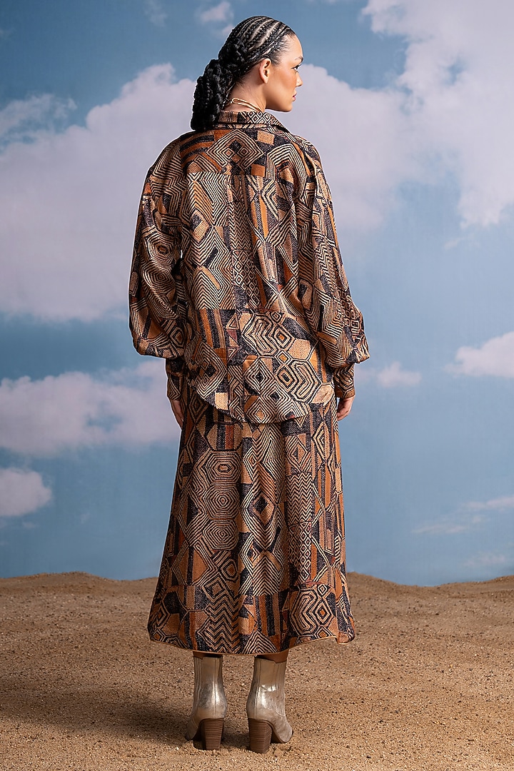 Brown Silk Satin Geometric Printed Shirt by Nikita Mhaisalkar at Pernia's Pop Up Shop