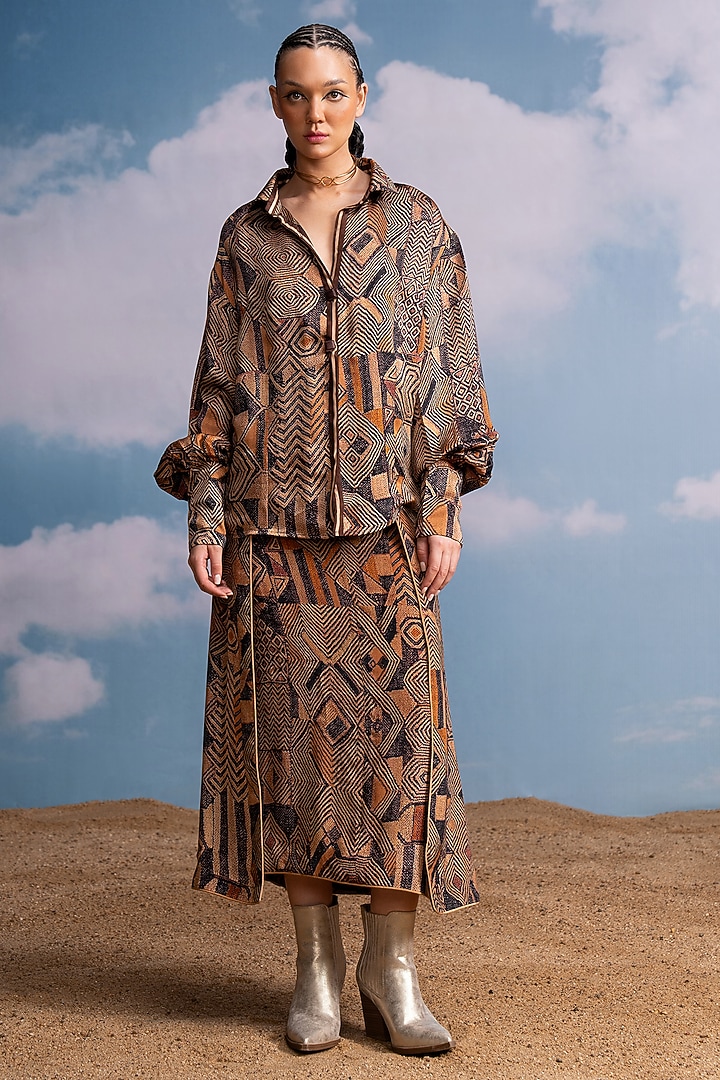 Brown Silk Satin Geometric Printed Shirt by Nikita Mhaisalkar at Pernia's Pop Up Shop