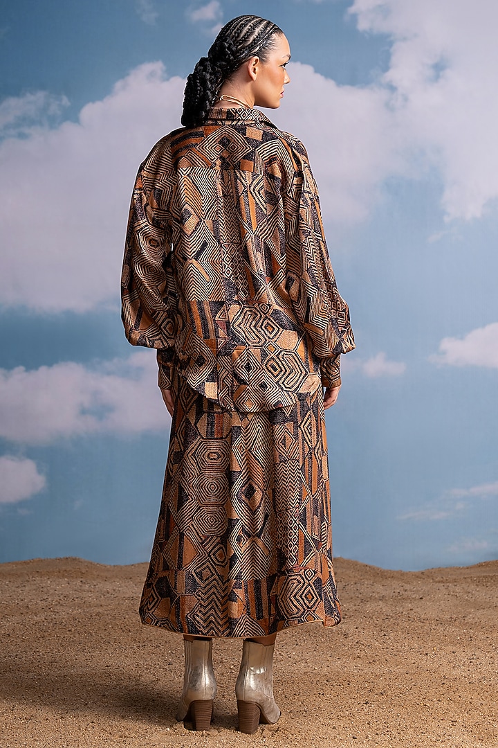 Brown Silk Crepe Geometric Printed Wrap Skirt by Nikita Mhaisalkar at Pernia's Pop Up Shop