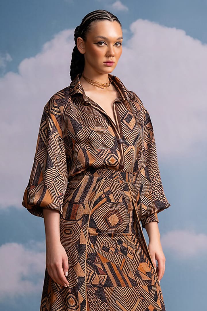 Brown Silk Crepe Geometric Printed Wrap Skirt by Nikita Mhaisalkar at Pernia's Pop Up Shop