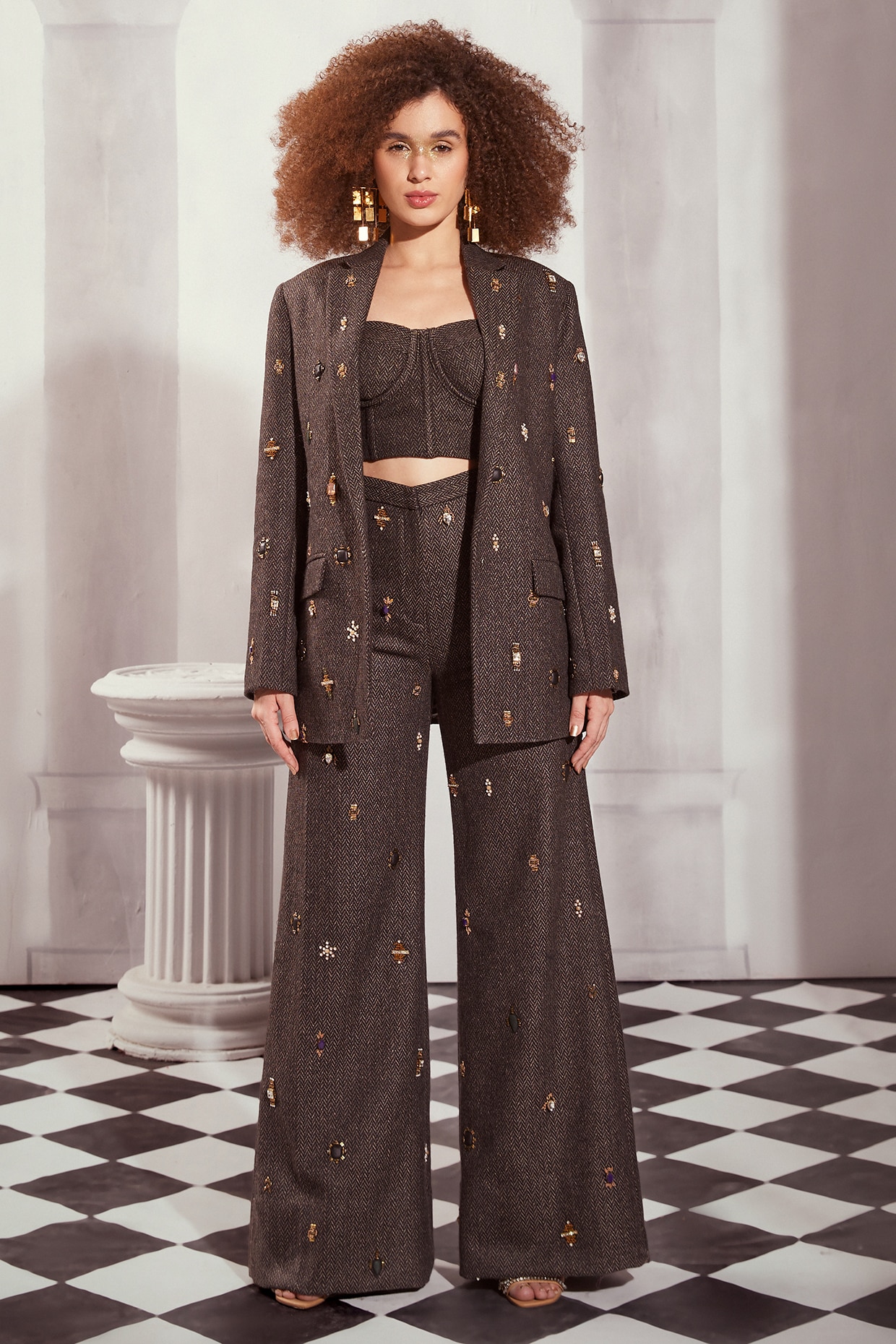 Grey Tweed Hand Embroidered & Digital Printed Blazer Set by Nikita