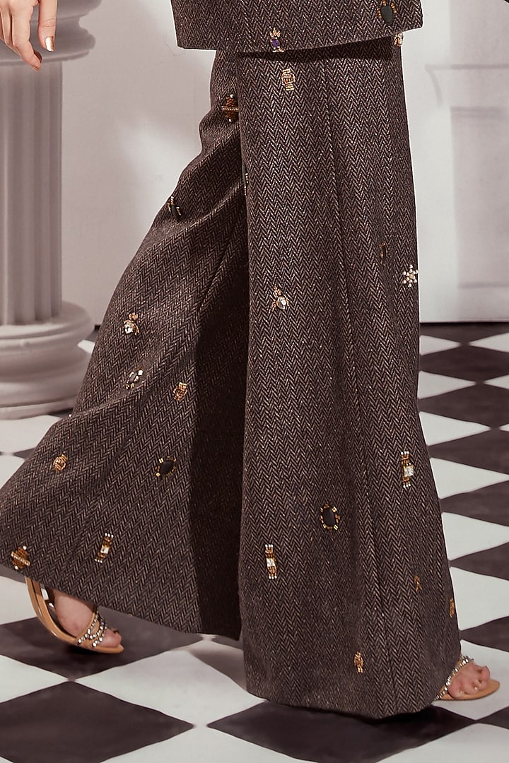 Grey Tweed Hand Embroidered & Digital Printed Blazer Set by Nikita Mhaisalkar at Pernia's Pop Up Shop