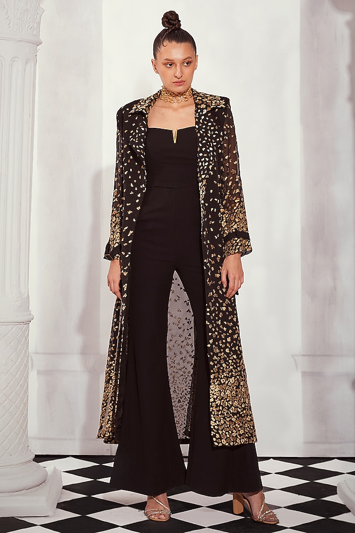 Black Luxe Suiting Jumpsuit With Coat by Nikita Mhaisalkar