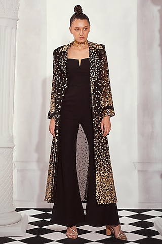 Black Luxe Suiting Jumpsuit With Coat by Nikita Mhaisalkar