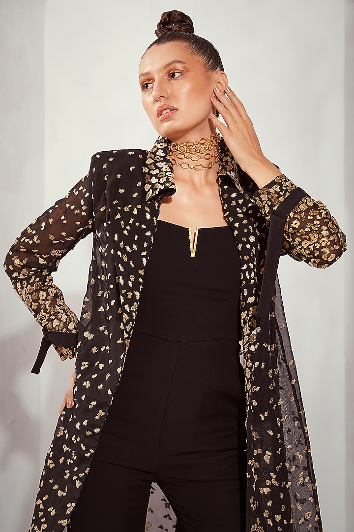 Black Luxe Suiting Jumpsuit With Coat by Nikita Mhaisalkar at Pernia's Pop Up Shop