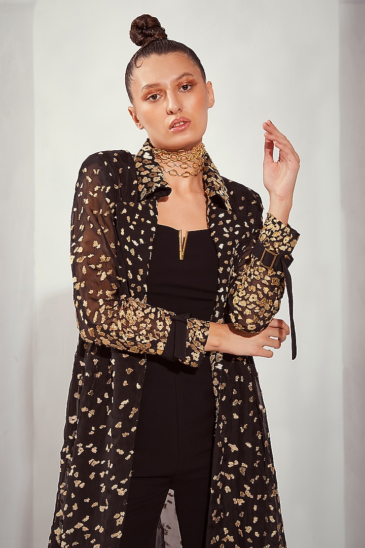 Black Luxe Suiting Jumpsuit With Coat by Nikita Mhaisalkar at Pernia's Pop Up Shop