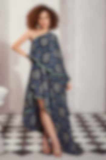 Blue Silk Crepe Digital Printed One-Shoulder Asymmetric Dress by Nikita Mhaisalkar