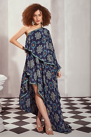 Blue Silk Crepe Digital Printed One-Shoulder Asymmetric Dress by Nikita Mhaisalkar
