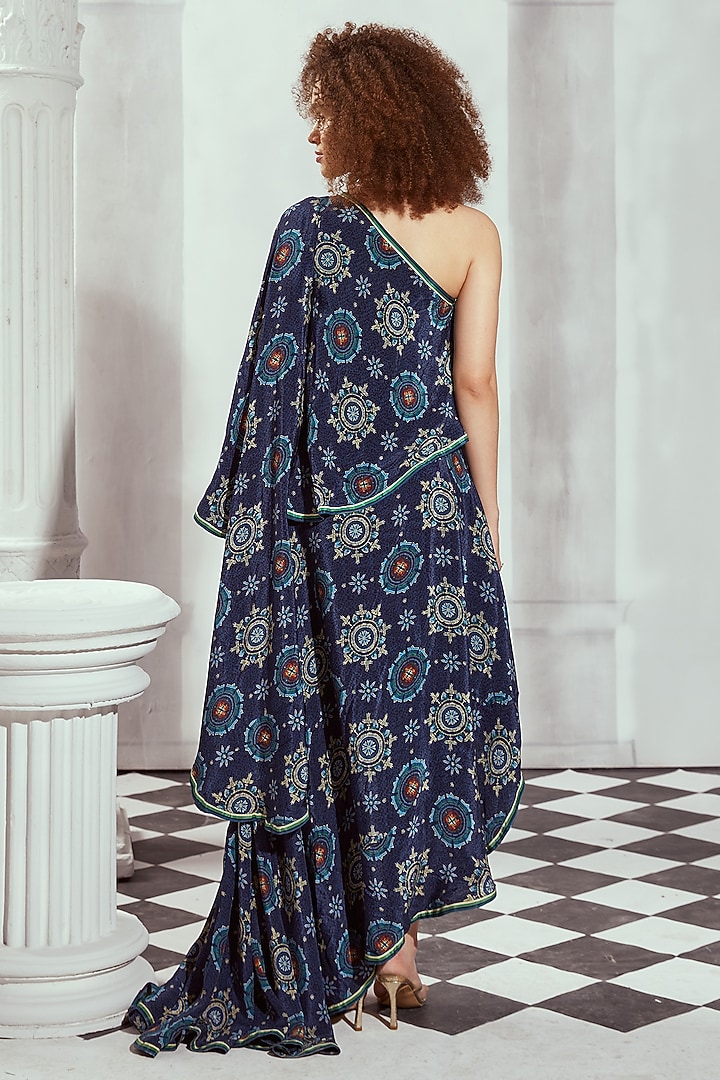 Blue Silk Crepe Digital Printed One-Shoulder Asymmetric Cocktail Dress by Nikita Mhaisalkar at Pernia's Pop Up Shop