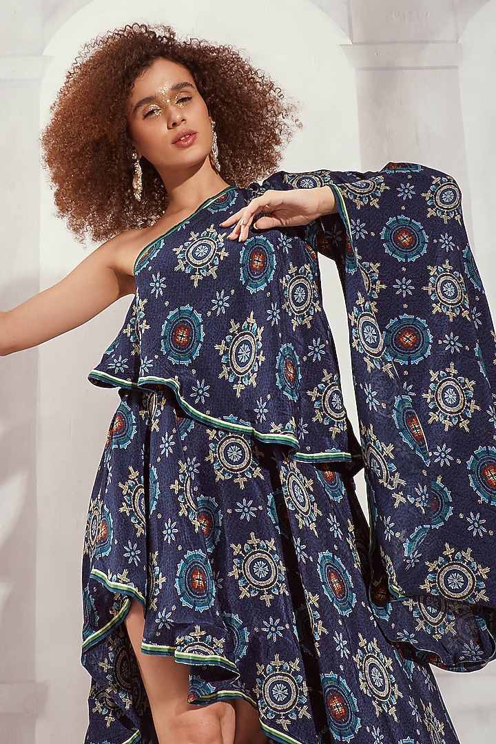 Blue Silk Crepe Digital Printed One-Shoulder Asymmetric Cocktail Dress by Nikita Mhaisalkar at Pernia's Pop Up Shop