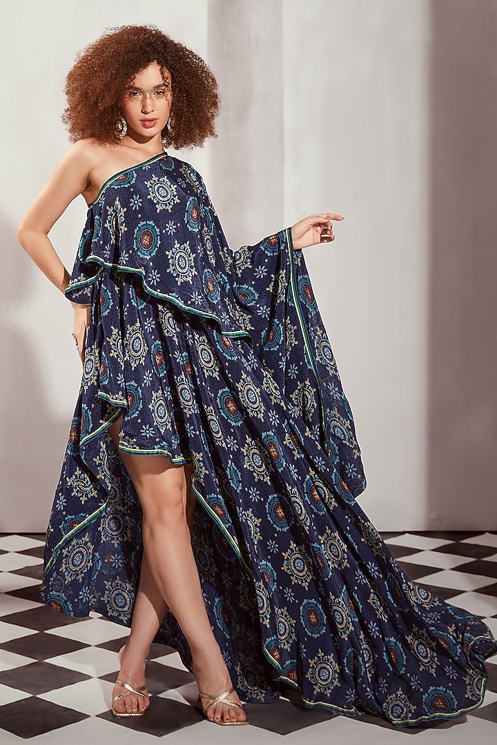 Blue Silk Crepe Digital Printed One-Shoulder Asymmetric Cocktail Dress by Nikita Mhaisalkar at Pernia's Pop Up Shop