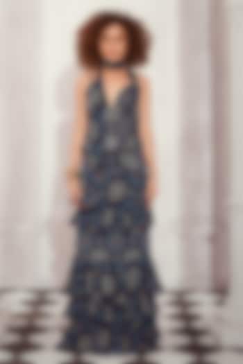 Blue Sequin Georgette Digital Printed Layered Maxi Party Wear Dress by Nikita Mhaisalkar at Pernia's Pop Up Shop