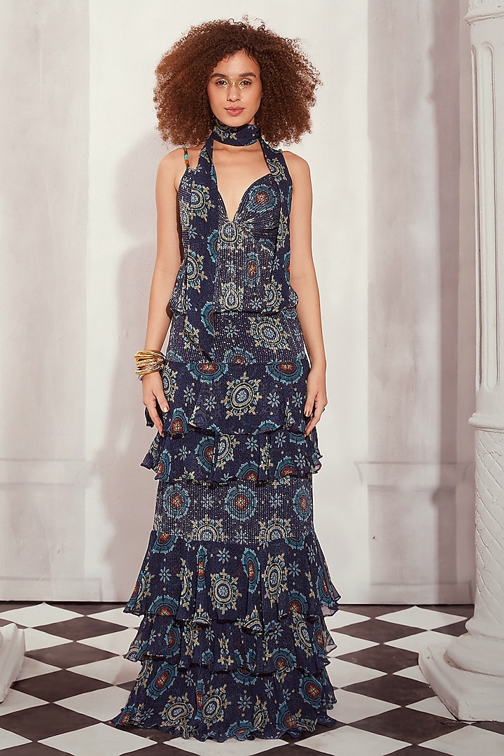 Blue Sequin Georgette Digital Printed Layered Maxi Dress by Nikita Mhaisalkar