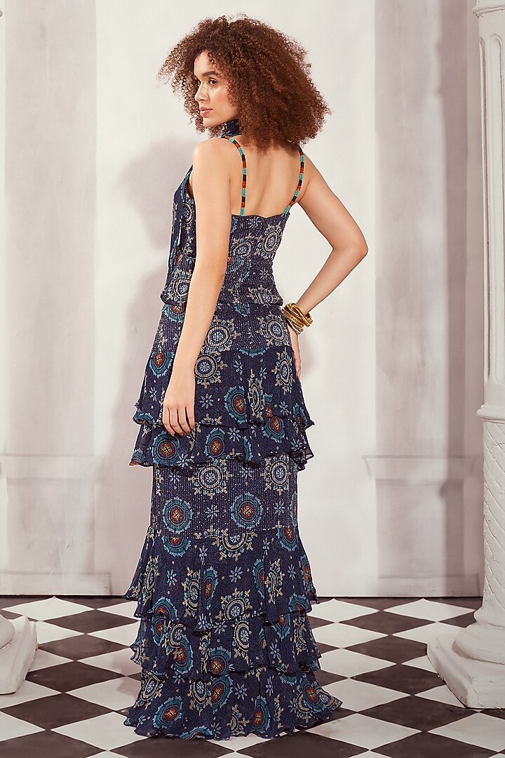Blue Sequin Georgette Digital Printed Layered Maxi Party Wear Dress by Nikita Mhaisalkar at Pernia's Pop Up Shop