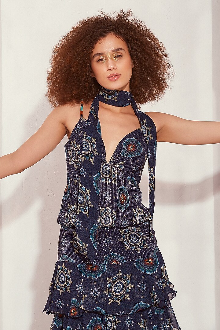 Blue Sequin Georgette Digital Printed Layered Maxi Party Wear Dress by Nikita Mhaisalkar at Pernia's Pop Up Shop