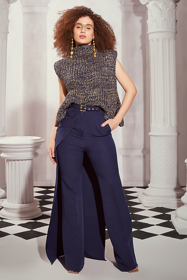 Blue Knit High-Neck Top by Nikita Mhaisalkar at Pernia's Pop Up Shop