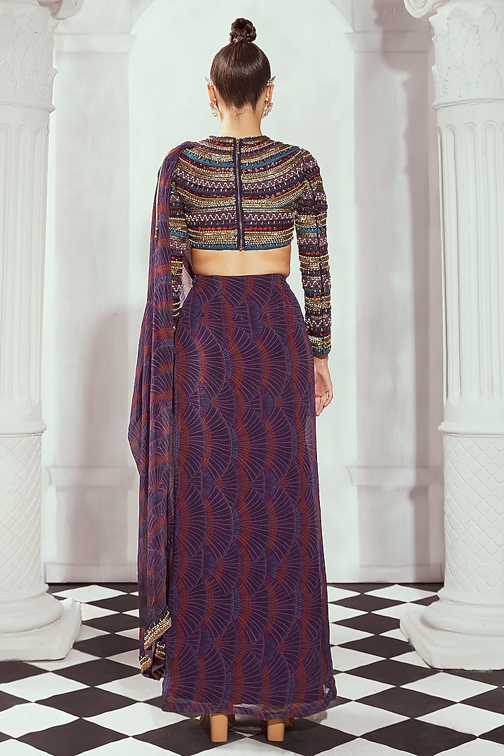 Purple Tulle Hand & Machine Embroidered Crop top by Nikita Mhaisalkar at Pernia's Pop Up Shop