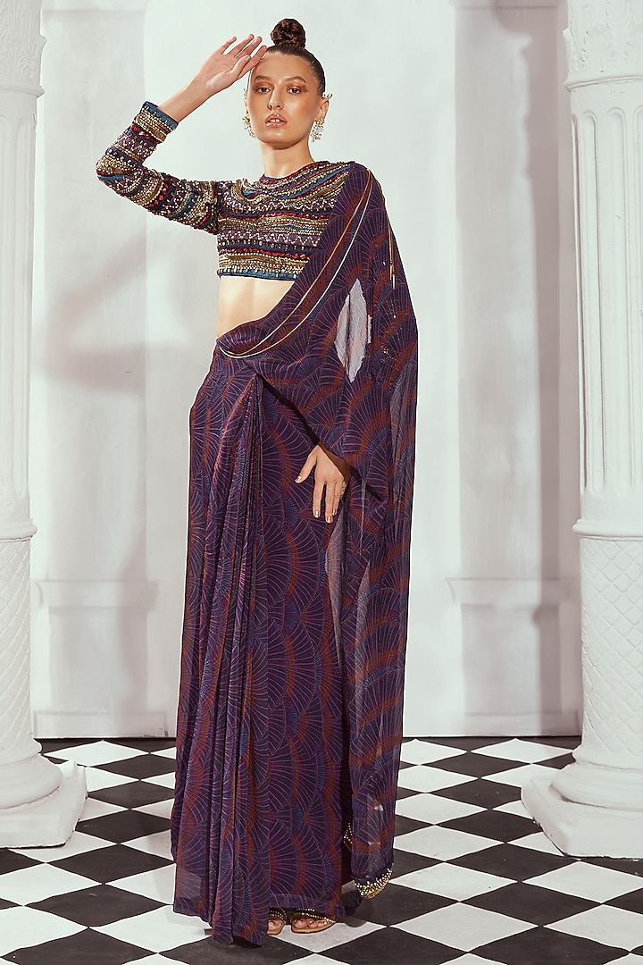 Purple Tulle Hand & Machine Embroidered Crop top by Nikita Mhaisalkar at Pernia's Pop Up Shop