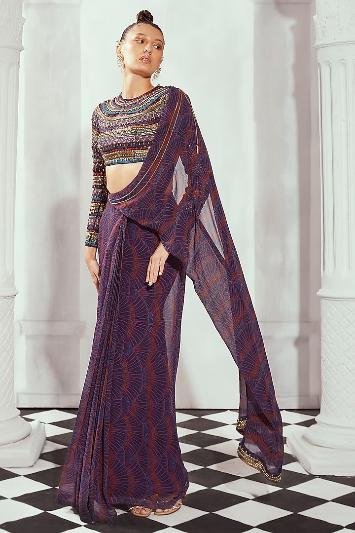 Purple Tulle Hand & Machine Embroidered Crop top by Nikita Mhaisalkar at Pernia's Pop Up Shop