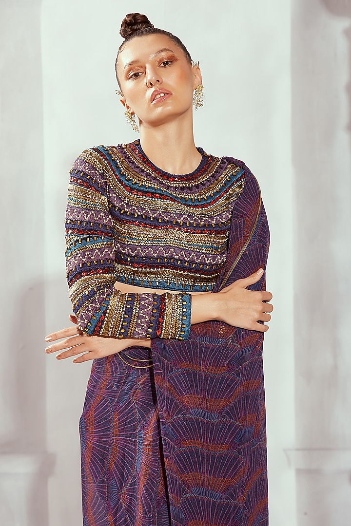 Purple Pure Cotton Digital Printed Pre-Draped Wedding Saree by Nikita Mhaisalkar at Pernia's Pop Up Shop