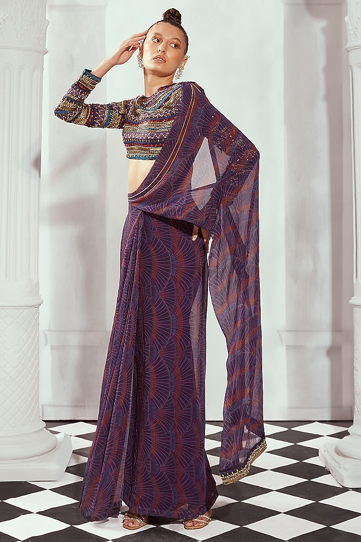 Purple Pure Cotton Digital Printed Pre-Draped Wedding Saree by Nikita Mhaisalkar at Pernia's Pop Up Shop