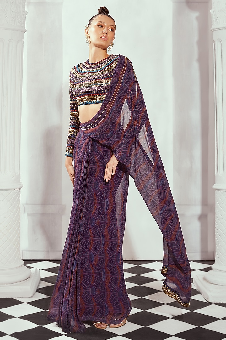 Purple Pure Cotton Digital Printed Pre-Draped Wedding Saree by Nikita Mhaisalkar at Pernia's Pop Up Shop