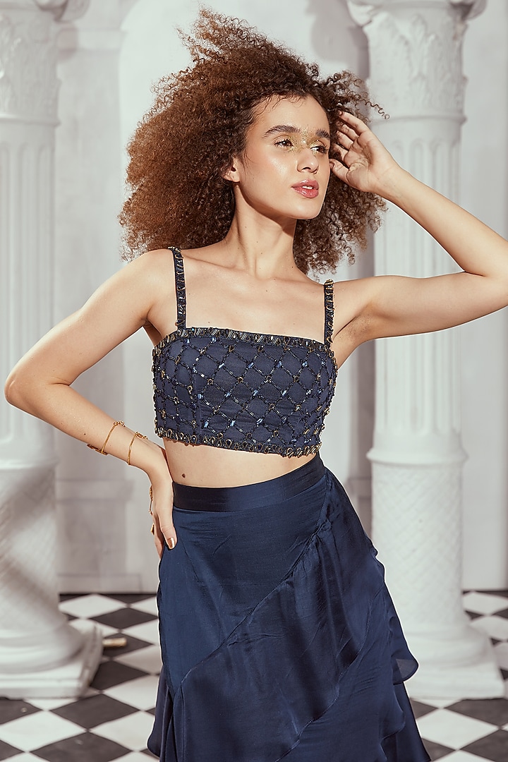 Navy Blue Tulle Stone Embellished Crop Top by Nikita Mhaisalkar at Pernia's Pop Up Shop