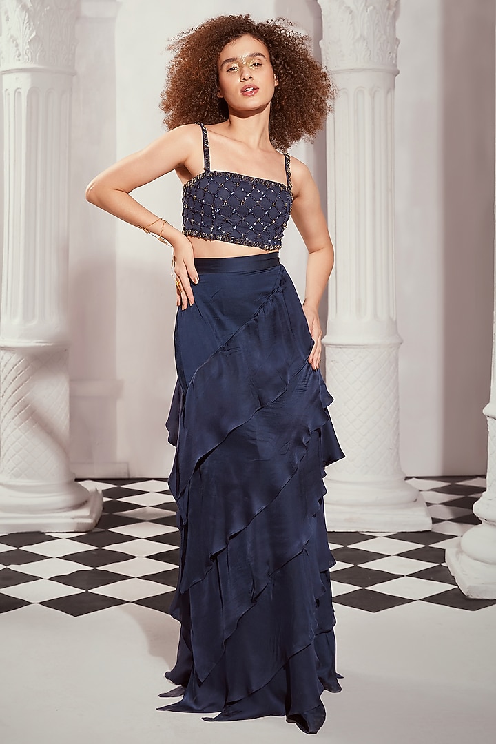 Navy Blue Tulle Stone Embellished Crop Top by Nikita Mhaisalkar at Pernia's Pop Up Shop